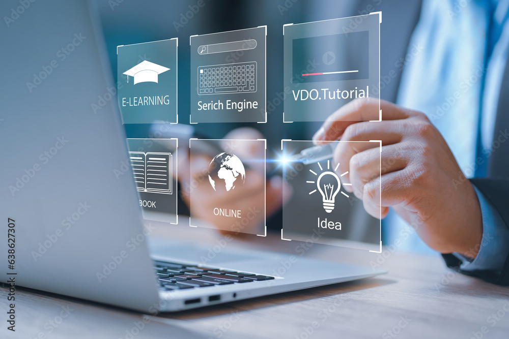 Fototapete concept of online education. man use online education training and e-learning webinar on internet fo