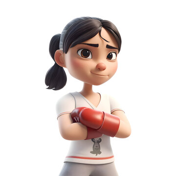 3d rendering of a cute girl with boxing gloves on white background
