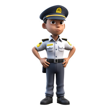 Illustration of a young police officer with arms akimbo on white background
