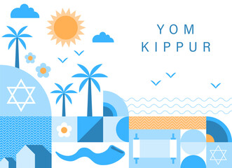Jewish holiday, Yom Kippur background, banner, flat geometric style. Day of Atonement and Shofar horn. Yom Kippur concept design - obrazy, fototapety, plakaty