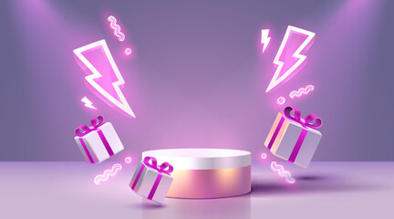 Scene mega sale, the gift and lightning symbol, super offer podium banner, gift pedestal. Vector illustration