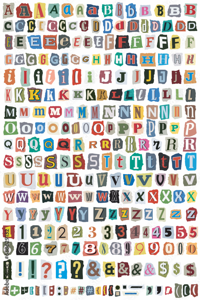Fototapete ransom letters collage cut out vector alphabet. blackmail ransom kidnapper anonymous note font. lati