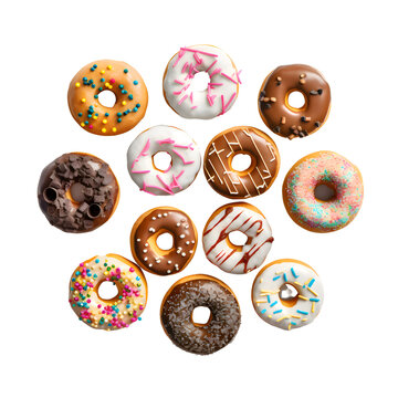Set of glazed donuts isolated on white background. Top view.