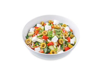 Spinach cucumber pepper orzo salad in a bowl on a white isolated background