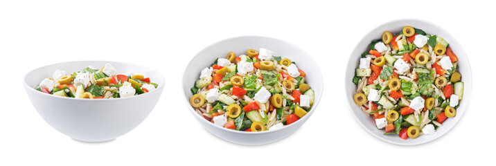Spinach cucumber pepper orzo salad in a bowl on a white isolated background