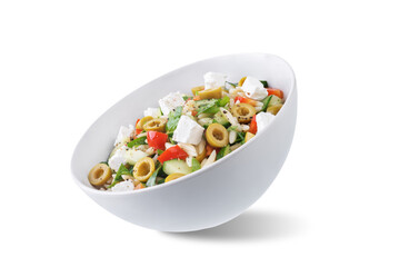 Spinach cucumber pepper orzo salad in a bowl on a white isolated background