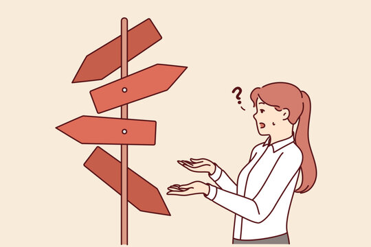 Woman manager makes difficult choice, standing near road sign with many options. Businesswoman or clerc is embarrassed because of difficult choice when drawing up business plan for company.