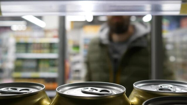 Many golden cans of beer or energy drink inside of a store fridge and adult man opens the door and takes one