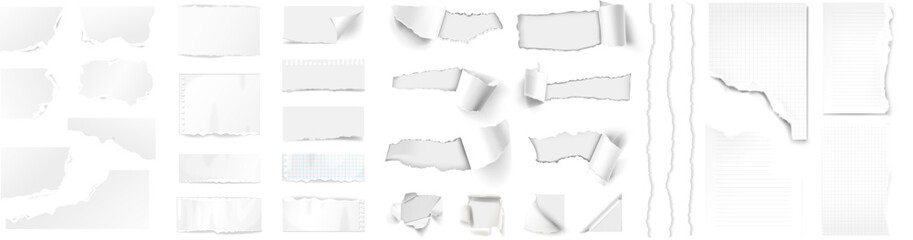 Realistic paper scraps with torn edges. White ripped paper strips collection. Torn sheets of paper. Torn paper strips set. Vector illustration