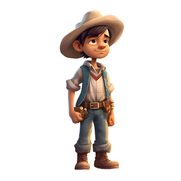 Cute cartoon boy with cowboy hat and suspenders standing in the field