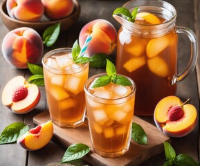 a couple of glasses filled with drinks peach ice tea