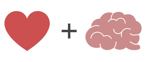 Brain plus heart icon. Mental health and emotional well-being symbol. Cognitive and Emotional Harmony and balance. Psychological wellness, Mind-Heart balance and connection graphic - obrazy, fototapety, plakaty