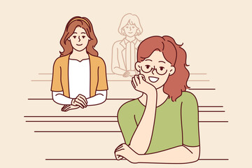 Girls university students sit in audience and listen to informative lectures to gain new knowledge on professional topics. Happy woman students enjoy studying at city college with amazing teachers