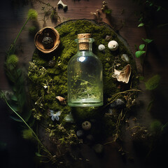A druids potion table with moss and greenery