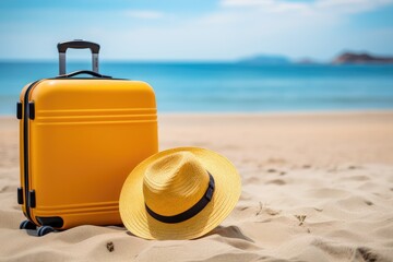 Yellow suitcase with a straw hat on a beautiful beach