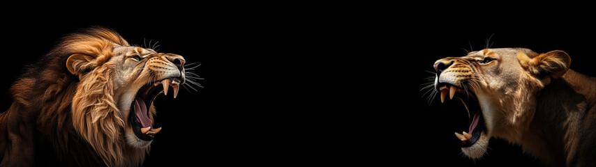 Fototapeta premium Lion and Lioness Arguing, Roaring at Each Other Isolated on Black Background, Business Meeting Concept, Marital Quarrel Banner.