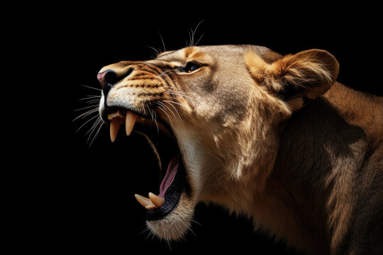 Lion Female Roar Portrait on Black Background