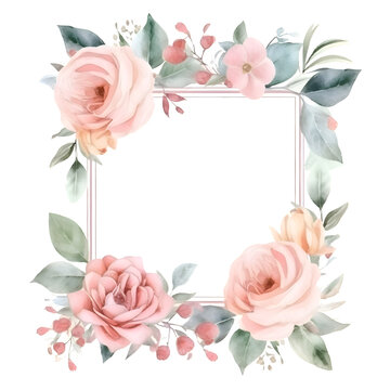 Watercolor floral frame with pink rose flowers and eucalyptus branches.