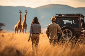 Young couple on African safari walking - obrazy, fototapety, plakaty