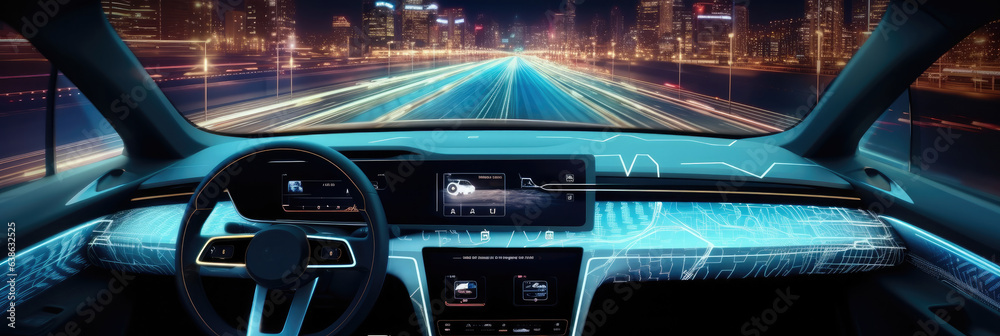 Poster autonomous futuristic car dashboard with hologram screens, futuristic autonomous vehicle.