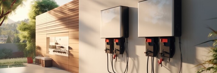Energy storage system on the wall of a house, Backup or sustainable energy concepts.
