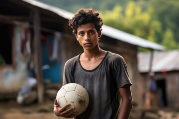 Young Indian man with football ball blurred small village