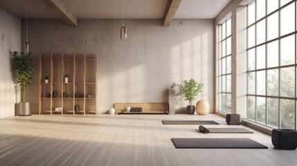 Empty yoga studio interior design architecture, minimal open space, spatial organization with mats and accessories, ready for yoga - obrazy, fototapety, plakaty