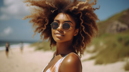 Beautiful young woman were sunglasses are smiling at the beach.
