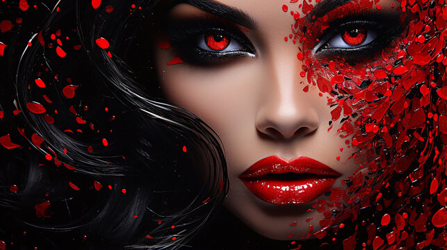 Rapariga vermelha e preta, pintura com strass 5D