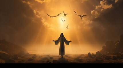 Silhueta Jesus libera uma pomba, grande neblina, raios de luz solar dourada vindos do céu para a terra, obra-prima, maravilhosa cena divina - obrazy, fototapety, plakaty