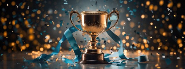 Championship cup or winner trophy with celebration confetti and ribbon decoration. - obrazy, fototapety, plakaty