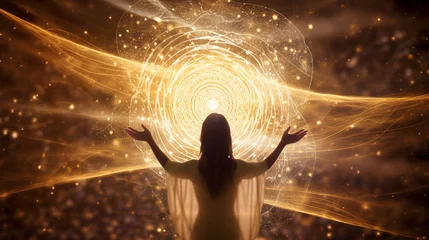 Fotobehang mão aberta feminina virada para fora contra um fundo de campo de energia de vórtice em espiral branco e dourado com espaço de cópia, Tapestry Fluorescent, © Alexandre