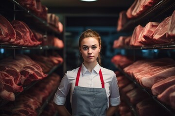 Fototapeta na wymiar Young woman standing in front of shelves with raw meat