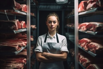 Fototapeta na wymiar Young woman standing in front of shelves with raw meat