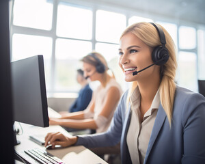 a smiling female call center helpdesk operator, generative ai
