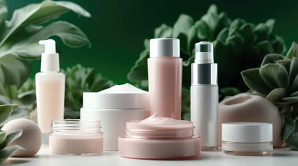 Science bio skincare cream serum product with leaves, Luxury cosmetic products, Beauty cosmetics concept.