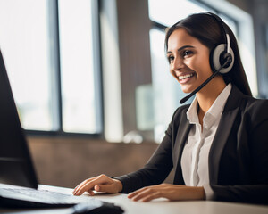 a smiling female call center helpdesk operator, generative ai