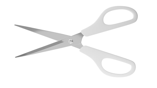 Opened steel scissors with white handle isolated on transparent and white background. Scissors concept. 3D render 