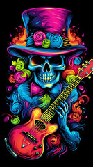 Caveira com chapéu-coco, guitarra, rock roll, tapeçaria fluorescente