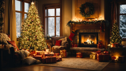 fireplace with christmas decorations - obrazy, fototapety, plakaty