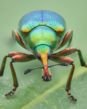 Portrait of a colorful Leaf-rolling Weevil (Byctiscus betulae)