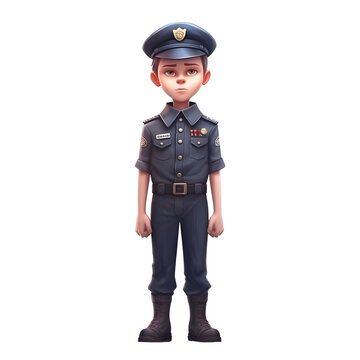 3D rendering of a little boy dressed as a police officer.