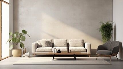 A living room with a couch, chair, table and potted plant. Generative AI.