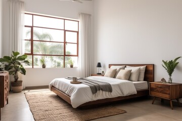 A bedroom with a bed, dresser and a window. Generative AI.