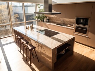 A kitchen with a large island and a stove. Generative AI.