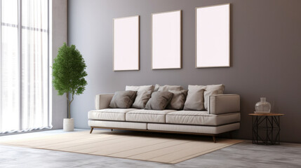 Living room interior in beige colors with white frames at fashionable house.