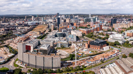Aerial view of a Birmingham cityscape skyline with HS2 construction site - obrazy, fototapety, plakaty