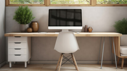 Working space interior design with blank PC desktop computer mockup and accessories on wooden table at modern home.