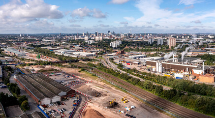 Aerial view of a Birmingham  cityscape skyline with HS2 construction site