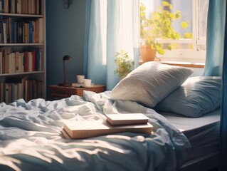 A bed with a book on top of it. Generative AI.